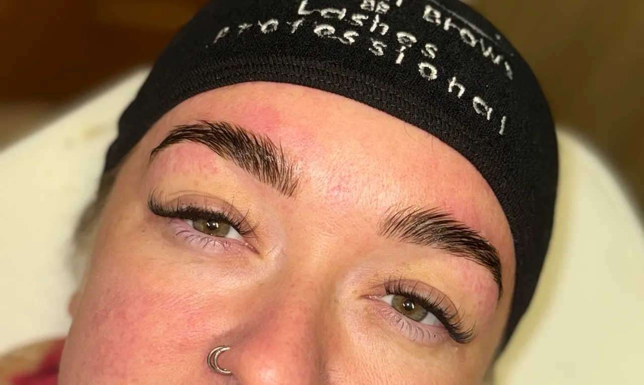 Client with brow lamination and lash lift.